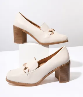 Cream Leatherette Block Heel Loafers