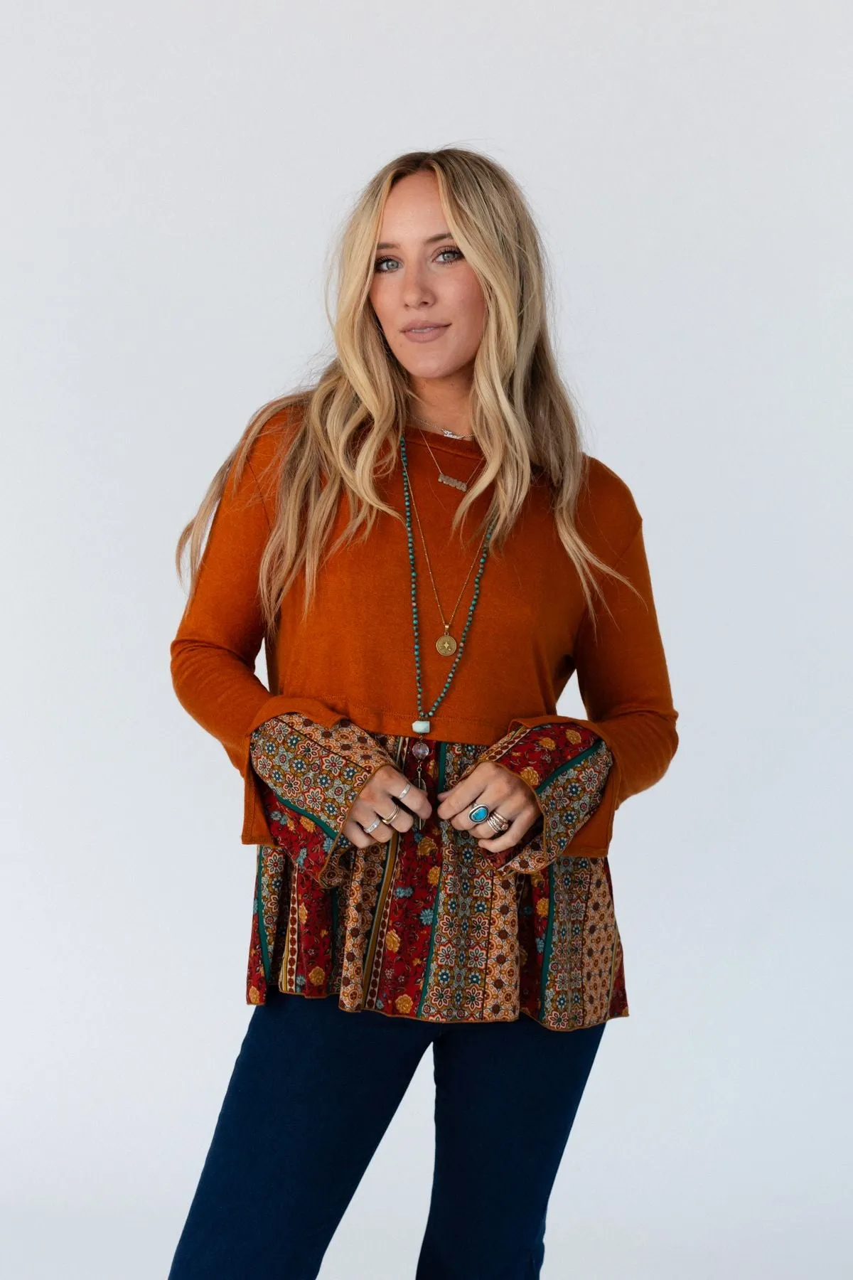 Crisp Sunny Day Bell Sleeve Top - Rust