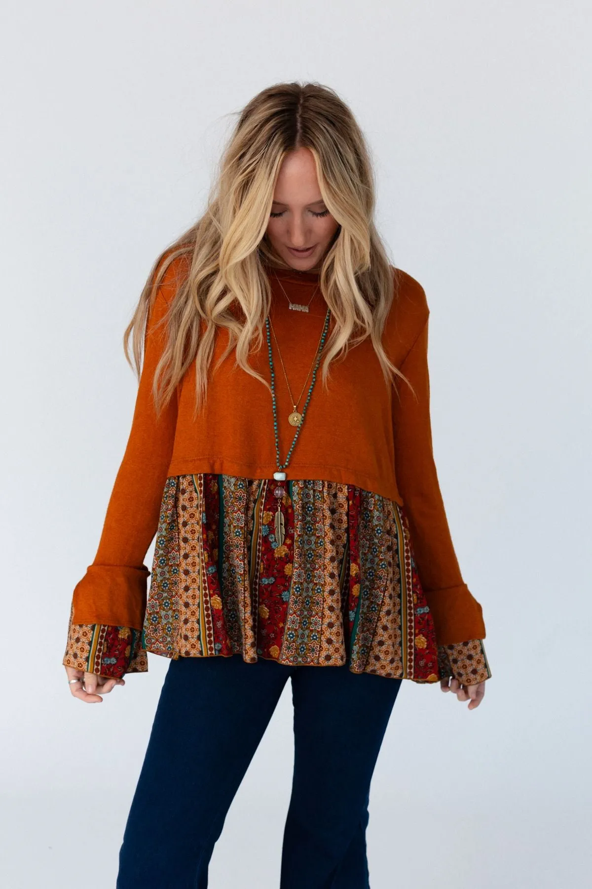 Crisp Sunny Day Bell Sleeve Top - Rust