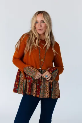 Crisp Sunny Day Bell Sleeve Top - Rust