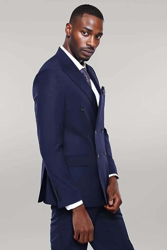 Double Breasted Slim Fit Navy Blue Men Suit - Wessi