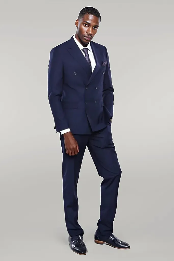 Double Breasted Slim Fit Navy Blue Men Suit - Wessi