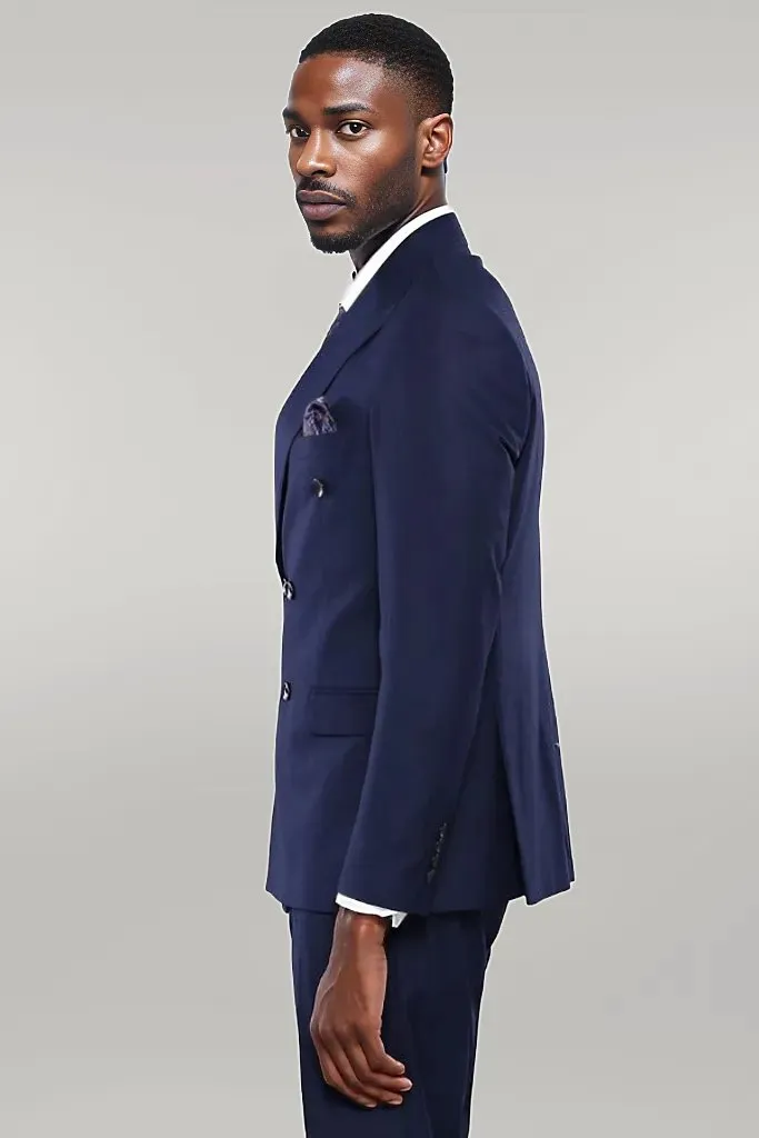 Double Breasted Slim Fit Navy Blue Men Suit - Wessi