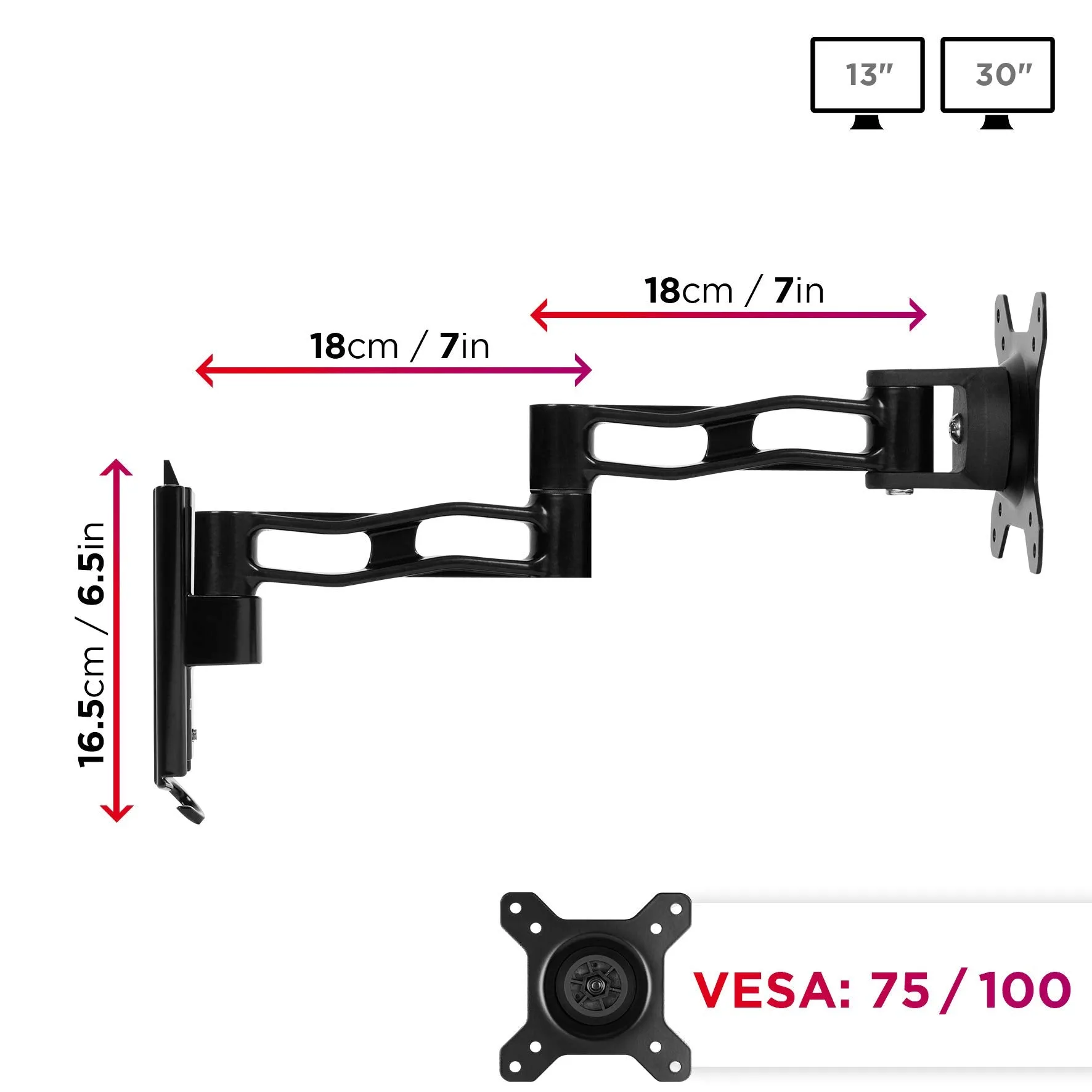 Duronic Monitor Wall Mount DM35W1X3, Single Monitor Arm for One 13-27” PC Screen, Monitor Riser Single, Adjustable Monitor Stand with VESA 75 100, Desk Monitor Mount for Home Office Work