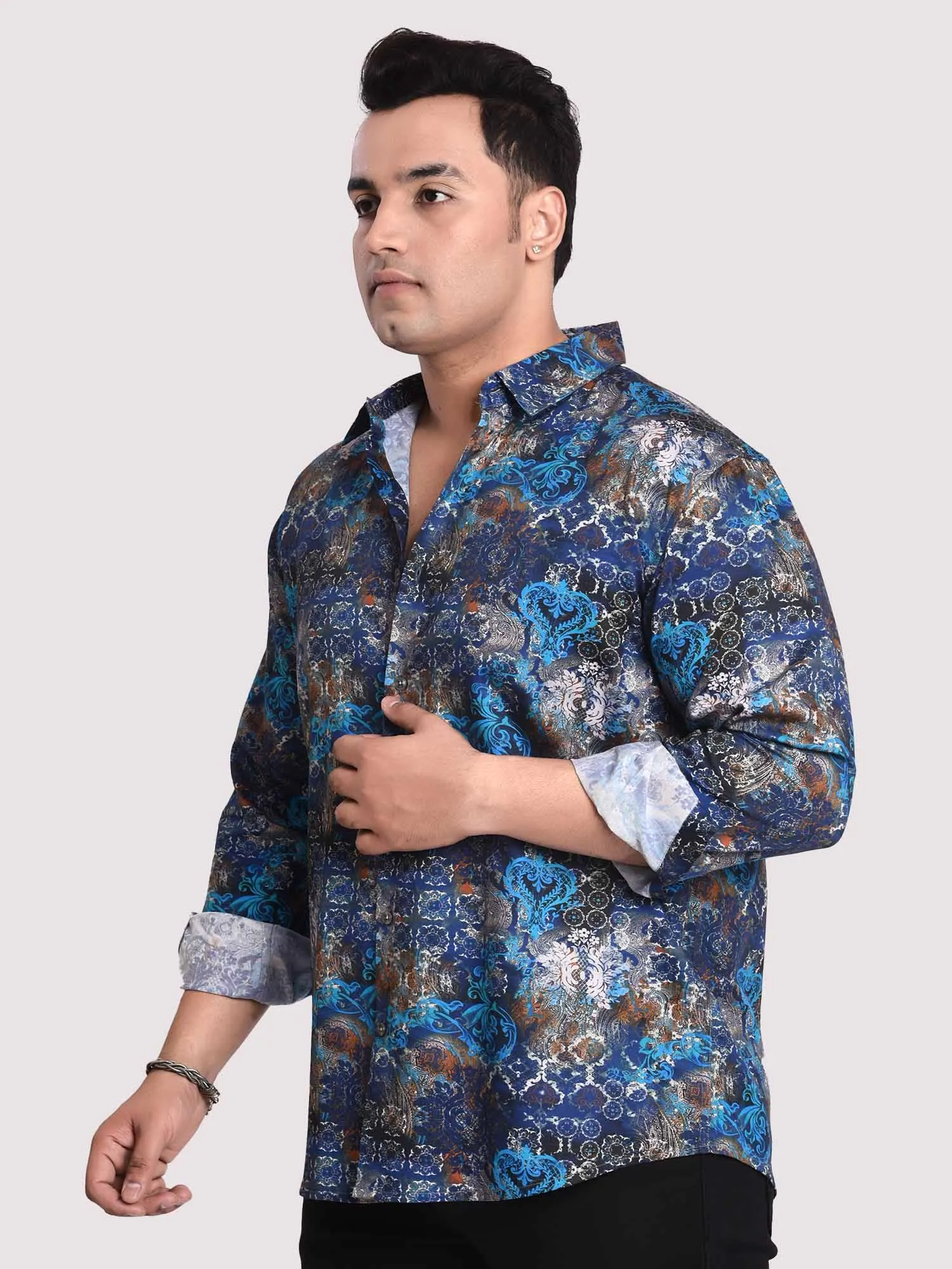 Electric Blue Mandal Printed Cotton Full sleeve Men's Plus size