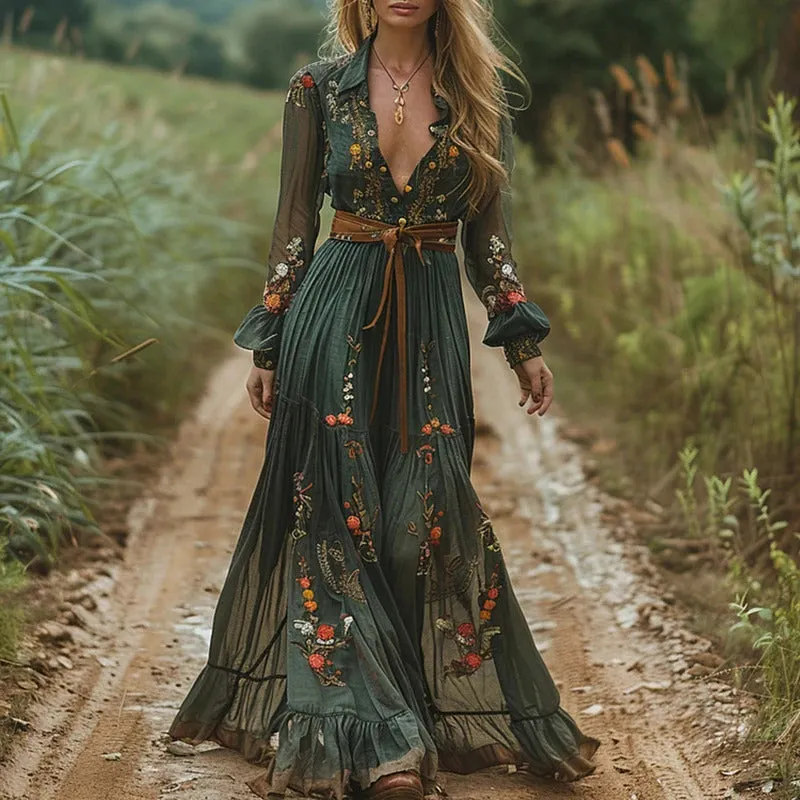 Ethnic Vintage Floral Print V-neck Long Dress Women Spring High Waist Loose Bohemian Dress Autumn Long Sleeve Party Maxi Dresses