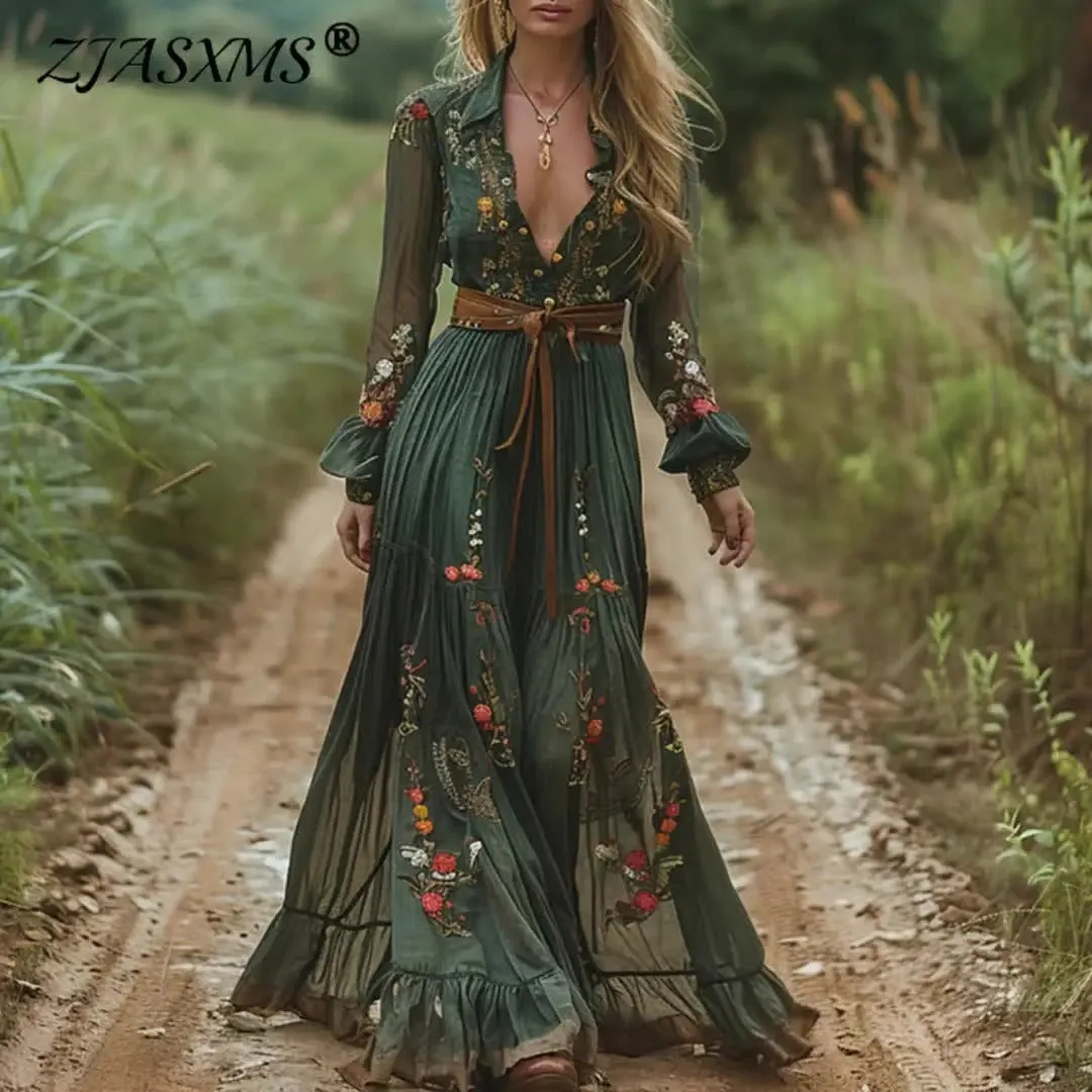 Ethnic Vintage Floral Print V-neck Long Dress Women Spring High Waist Loose Bohemian Dress Autumn Long Sleeve Party Maxi Dresses