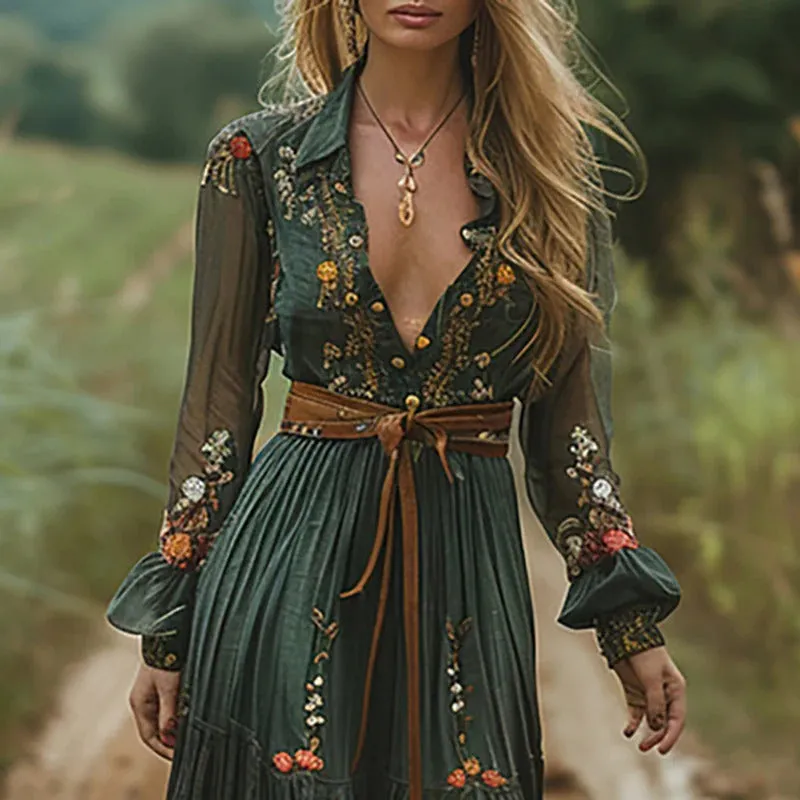 Ethnic Vintage Floral Print V-neck Long Dress Women Spring High Waist Loose Bohemian Dress Autumn Long Sleeve Party Maxi Dresses