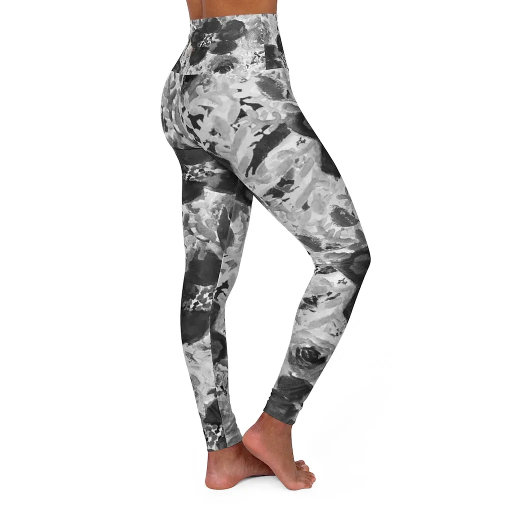 Floral High Waisted Yoga Leggings, Black Grey White Flower Print Women's Tights-Made in USA