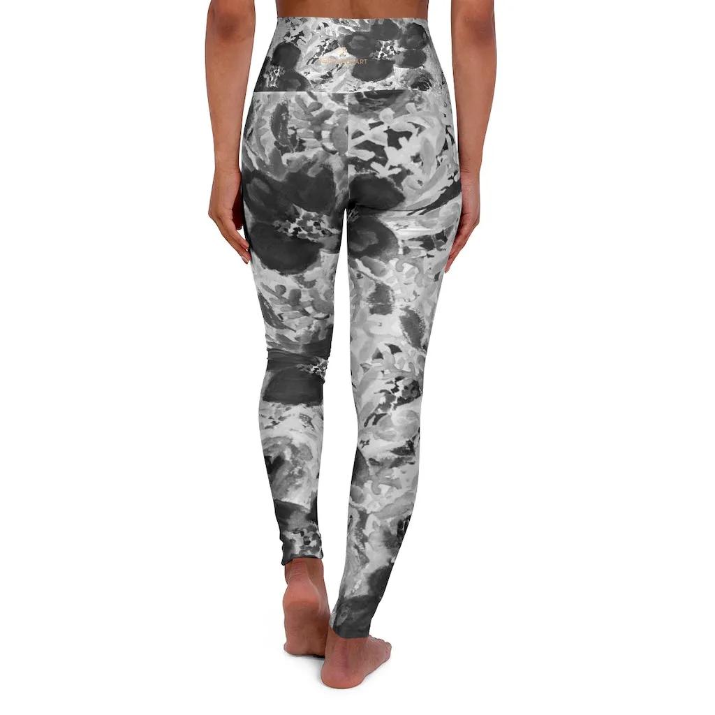 Floral High Waisted Yoga Leggings, Black Grey White Flower Print Women's Tights-Made in USA