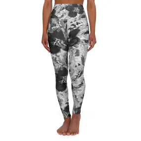 Floral High Waisted Yoga Leggings, Black Grey White Flower Print Women's Tights-Made in USA