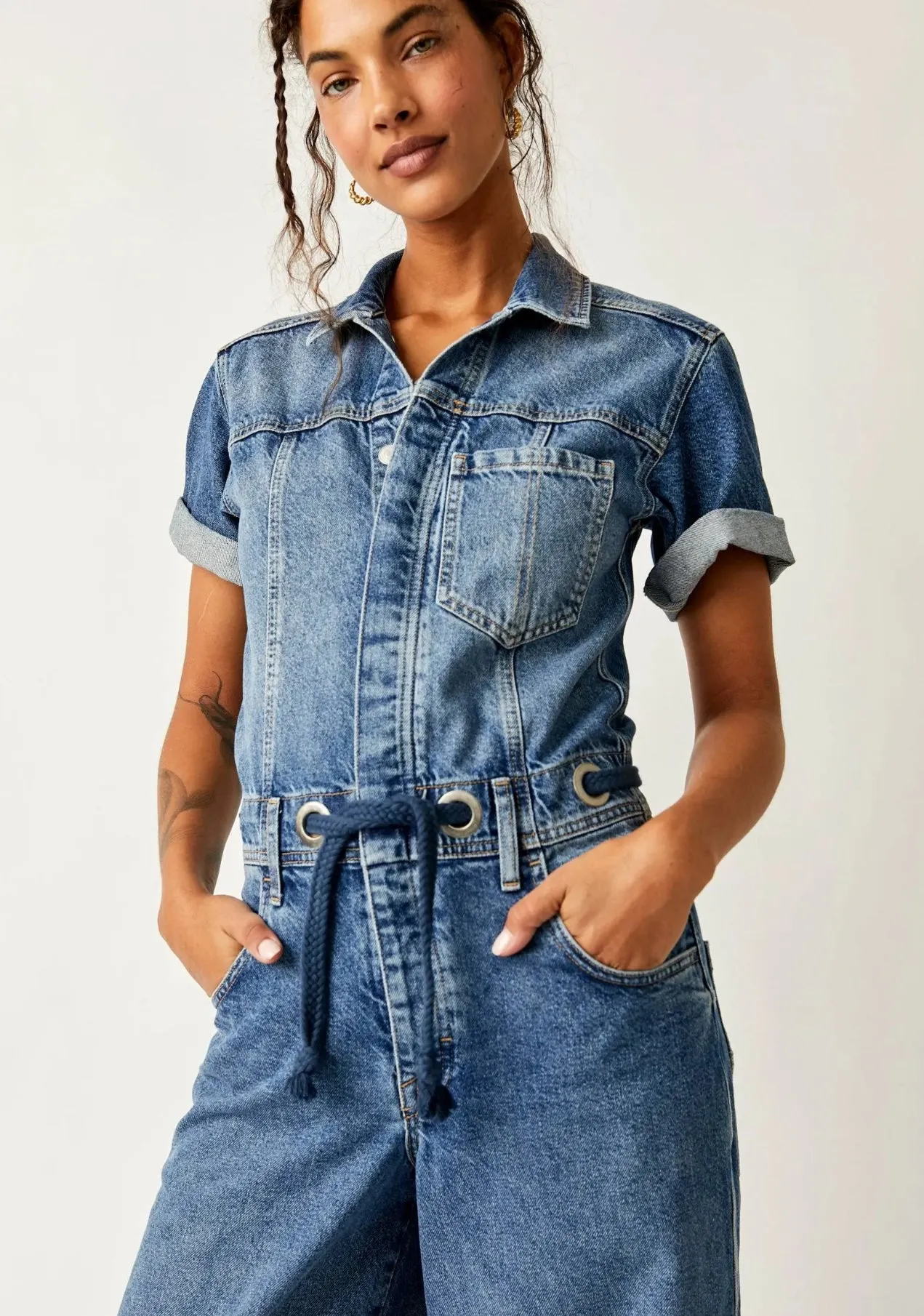 FREE PEOPLE EDISON WIDELEG COVERALL / CERULEAN SKIES