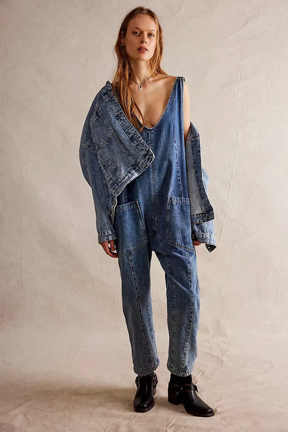 Free People We The Free High Roller Jumpsuit in Sapphire Blue