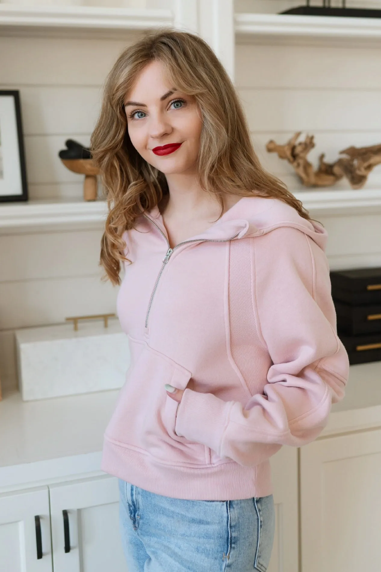 French Terry Quarter Zip Up Hoodie - Pink