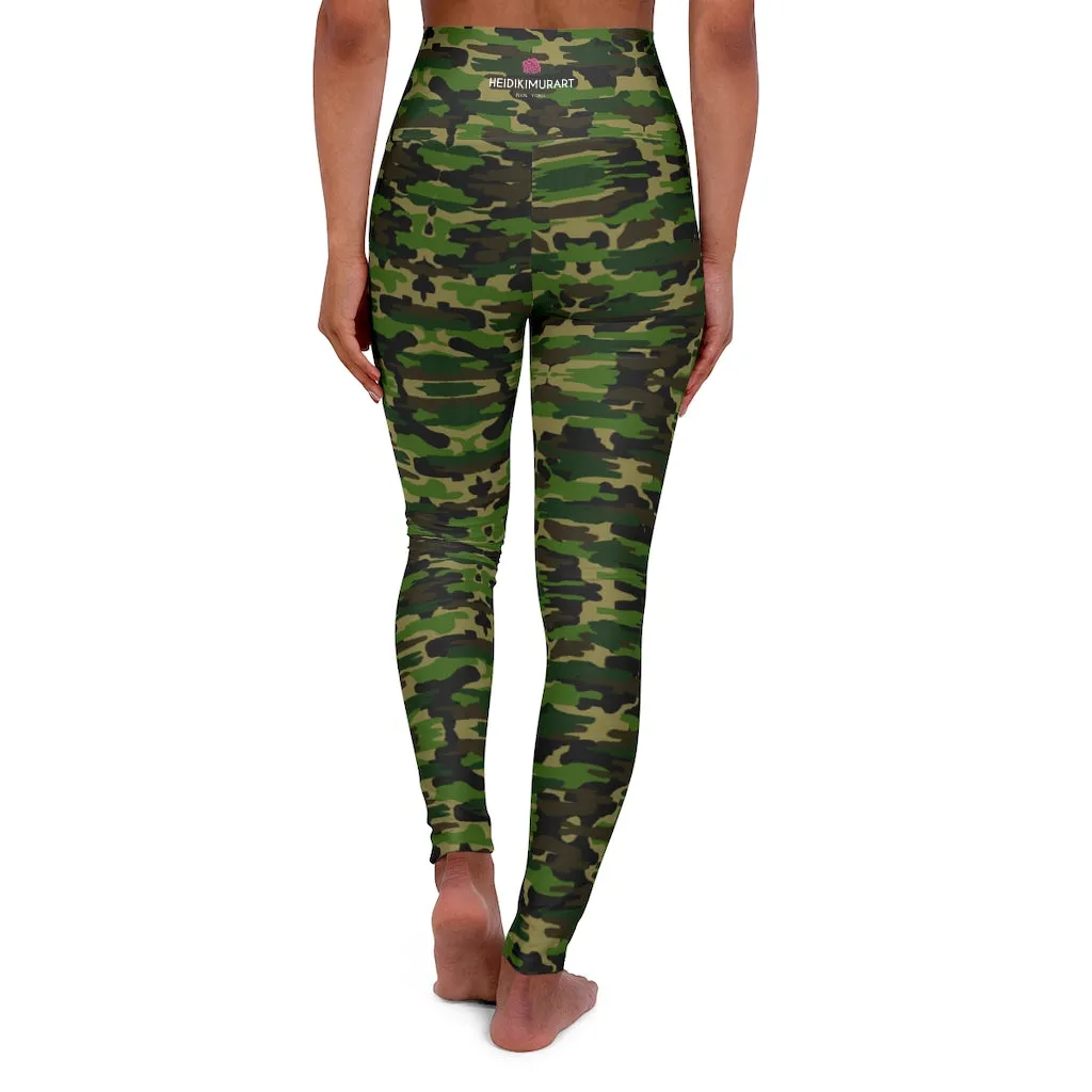 Green Camo Print Yoga Tights, Army Print Women's Best High Waisted Yoga Leggings -Made in USA (US Size: XS-2XL)