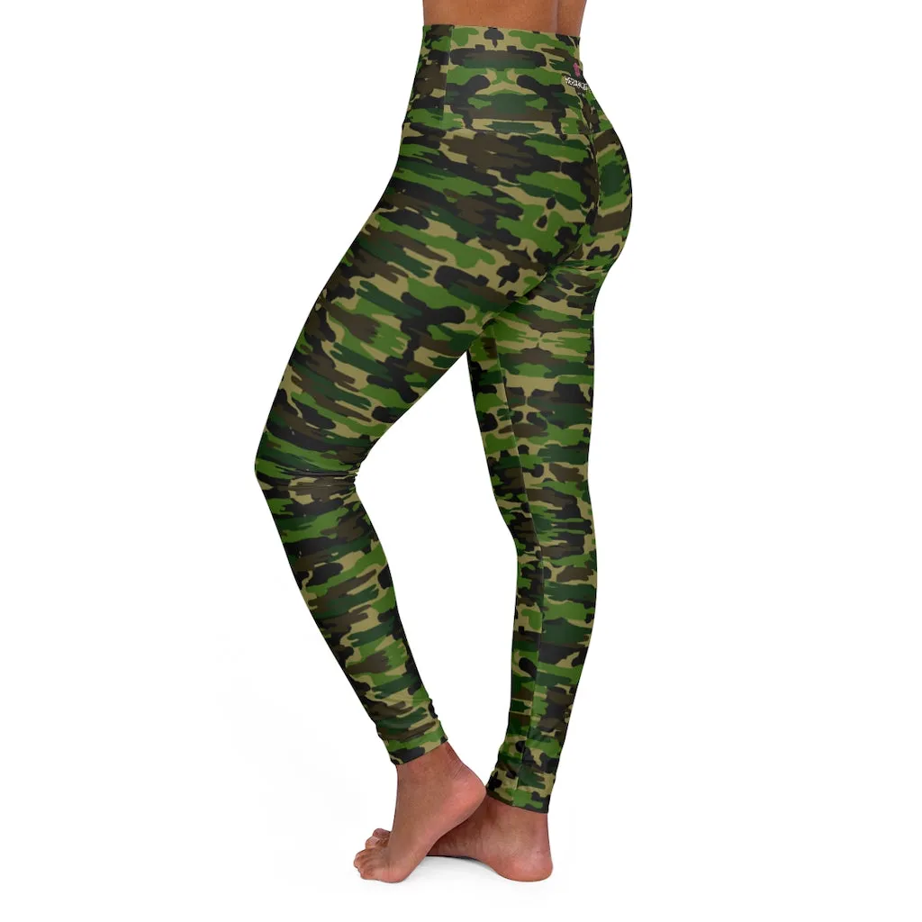 Green Camo Print Yoga Tights, Army Print Women's Best High Waisted Yoga Leggings -Made in USA (US Size: XS-2XL)