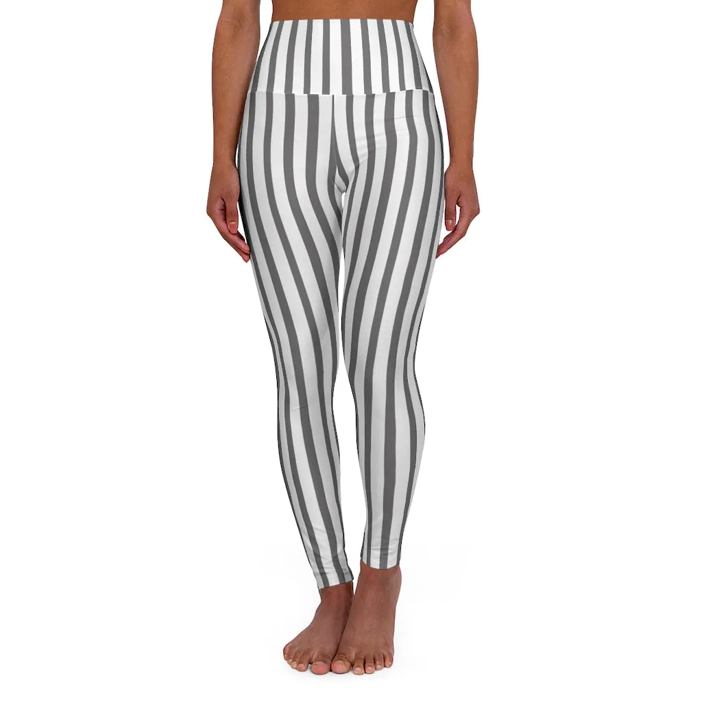 Grey Striped Women's Leggings, Premium Modern Stripes High Waisted Yoga Pants-Made in USA