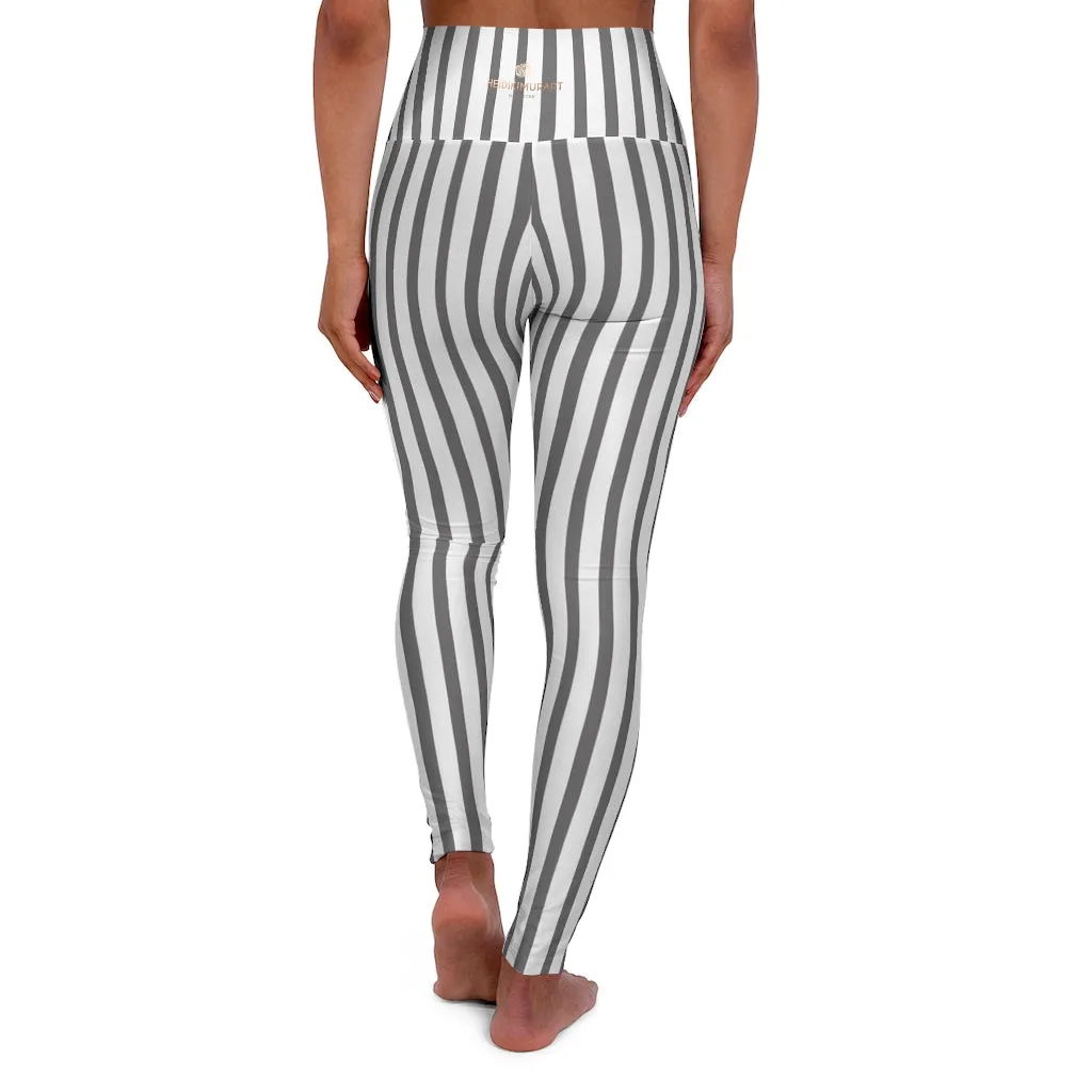 Grey Striped Women's Leggings, Premium Modern Stripes High Waisted Yoga Pants-Made in USA