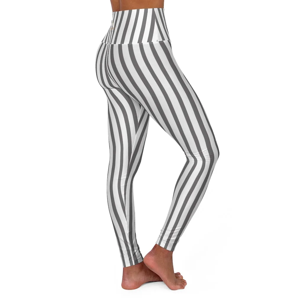 Grey Striped Women's Leggings, Premium Modern Stripes High Waisted Yoga Pants-Made in USA