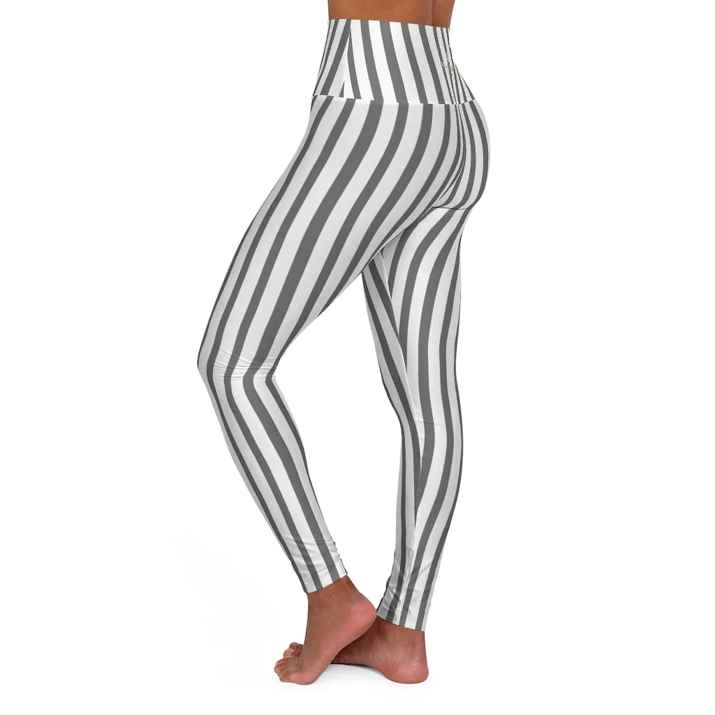 Grey Striped Women's Leggings, Premium Modern Stripes High Waisted Yoga Pants-Made in USA