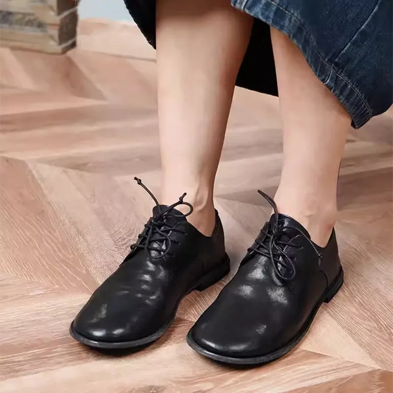 Hand Stitching Leather Derby Shoes For Women Lace Up Oxfords Leather Sole in Brown/Black