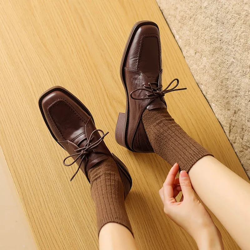 Handmade Soft Leather Lace Up Square Toe Derby Shoes in Coffee/Black