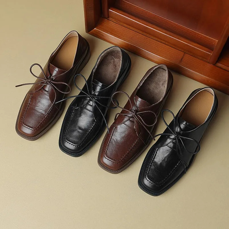 Handmade Soft Leather Lace Up Square Toe Derby Shoes in Coffee/Black