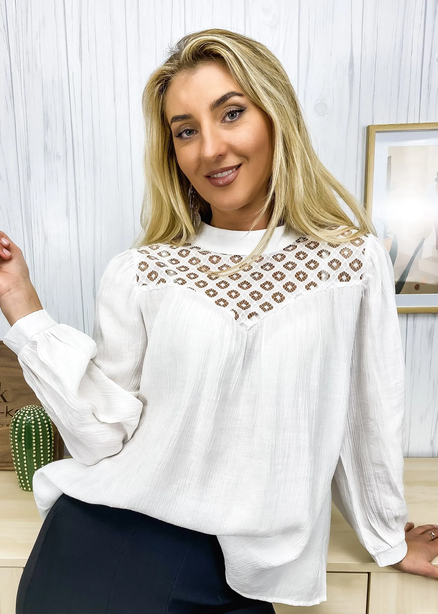 Lace Detail Bishop Sleeve Blouse