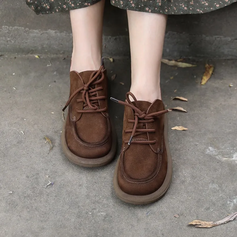 Lace Up Oxfords Soft Leather Derby Flats For Women in Coffee/Gray/Brown