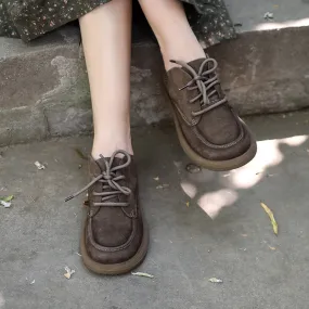 Lace Up Oxfords Soft Leather Derby Flats For Women in Coffee/Gray/Brown