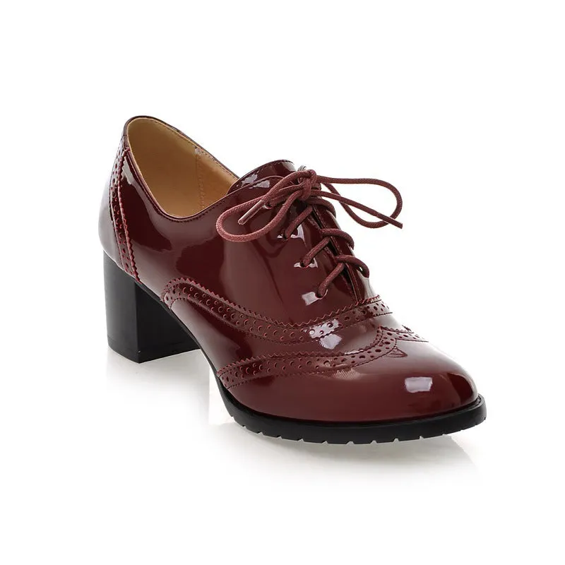 Lace Up Patent Leather Women Chunky Mid Heels Oxford Shoes 8154