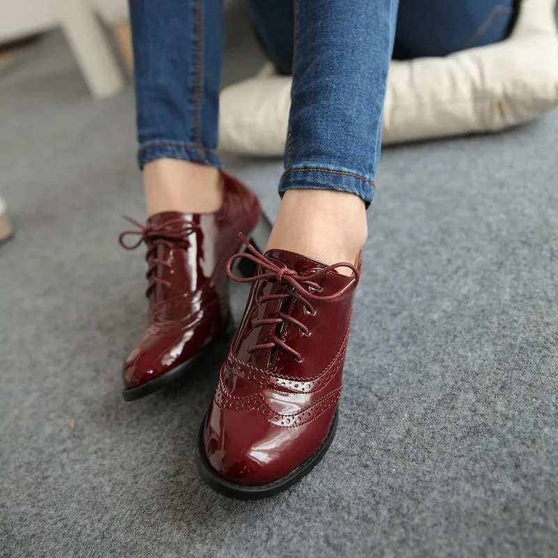 Lace Up Patent Leather Women Chunky Mid Heels Oxford Shoes 8154