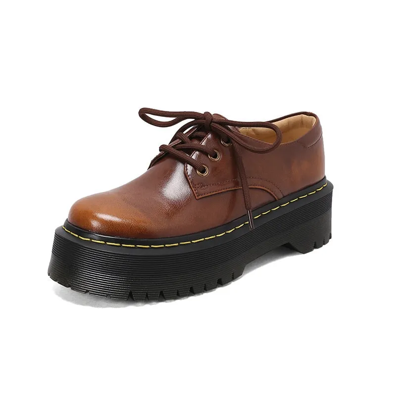 Leather Platform Derby Shoes for Women Round Toe Lace Up Oxford Shoes in Black/Brown