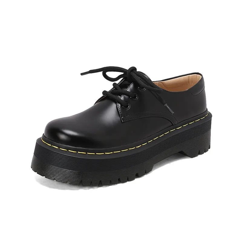 Leather Platform Derby Shoes for Women Round Toe Lace Up Oxford Shoes in Black/Brown