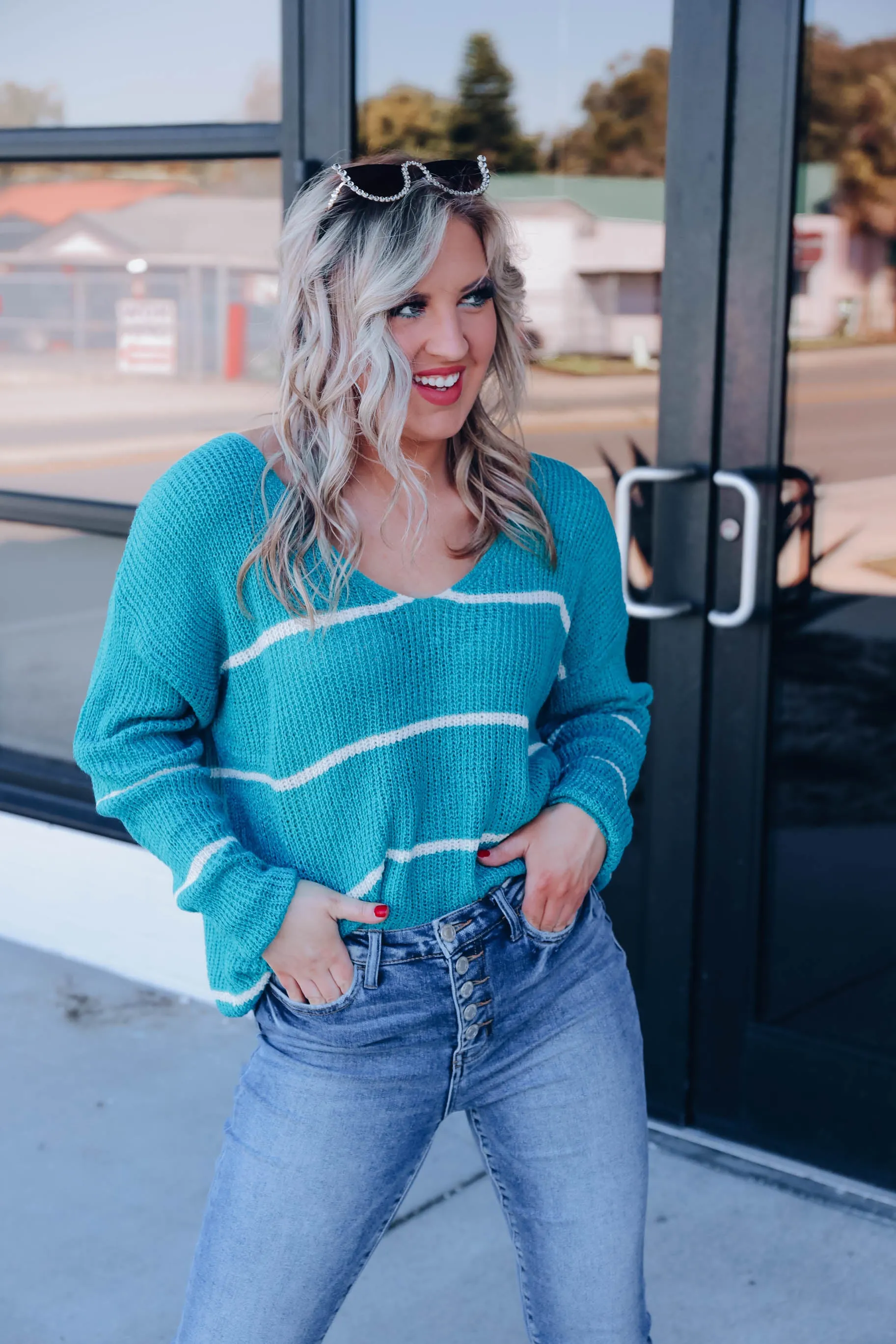 Liana Striped Knit Sweater - Teal