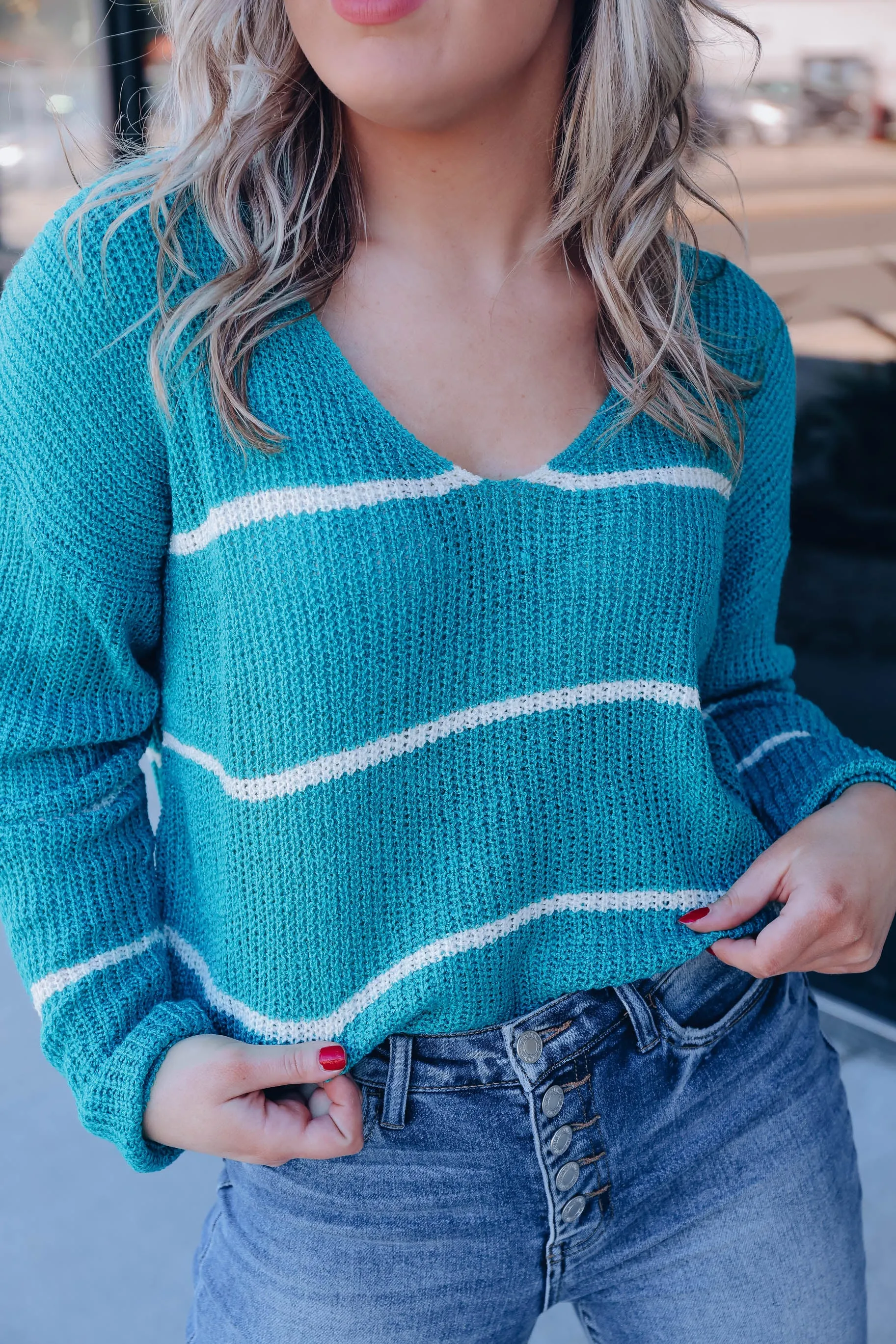 Liana Striped Knit Sweater - Teal