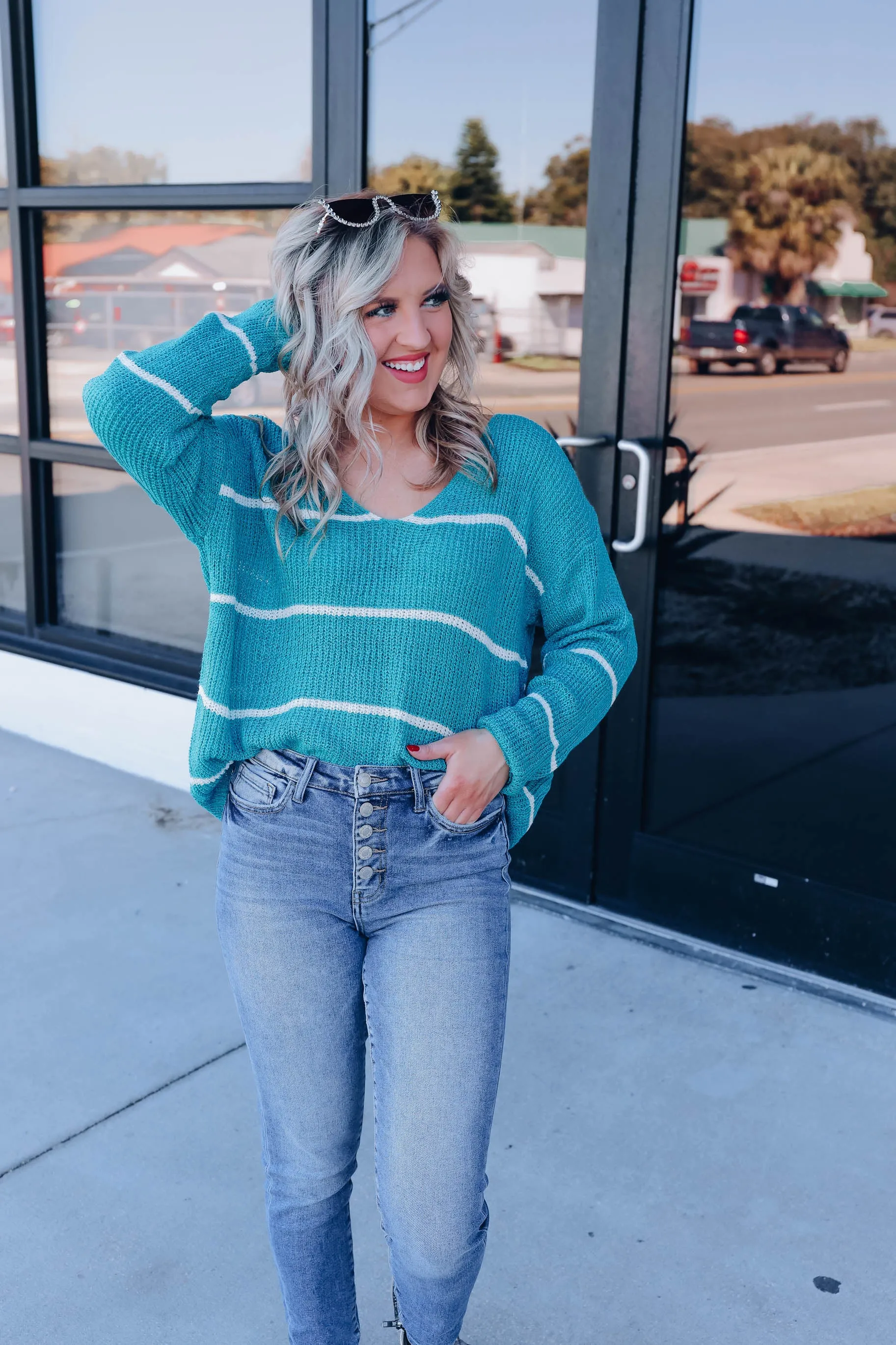 Liana Striped Knit Sweater - Teal