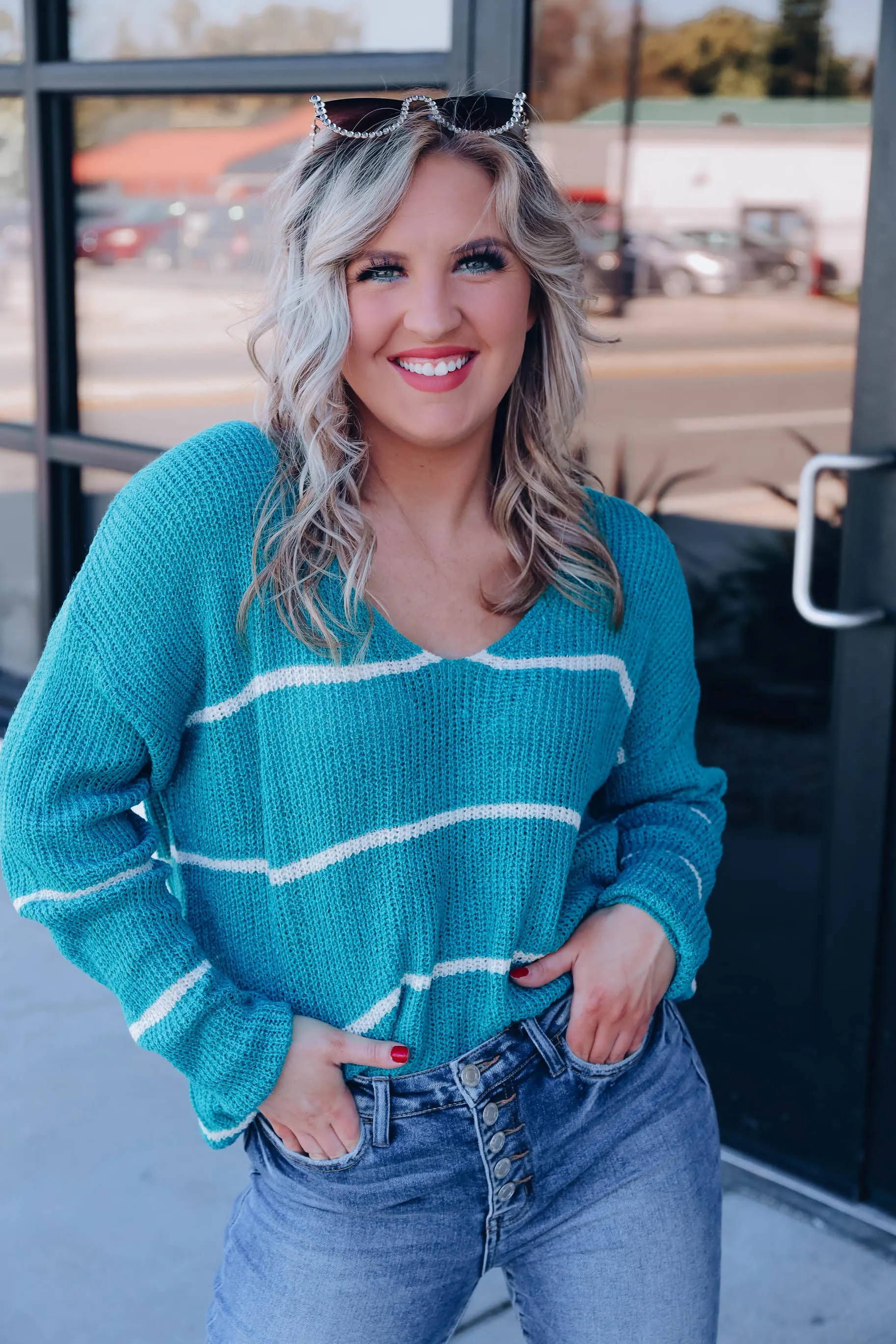 Liana Striped Knit Sweater - Teal