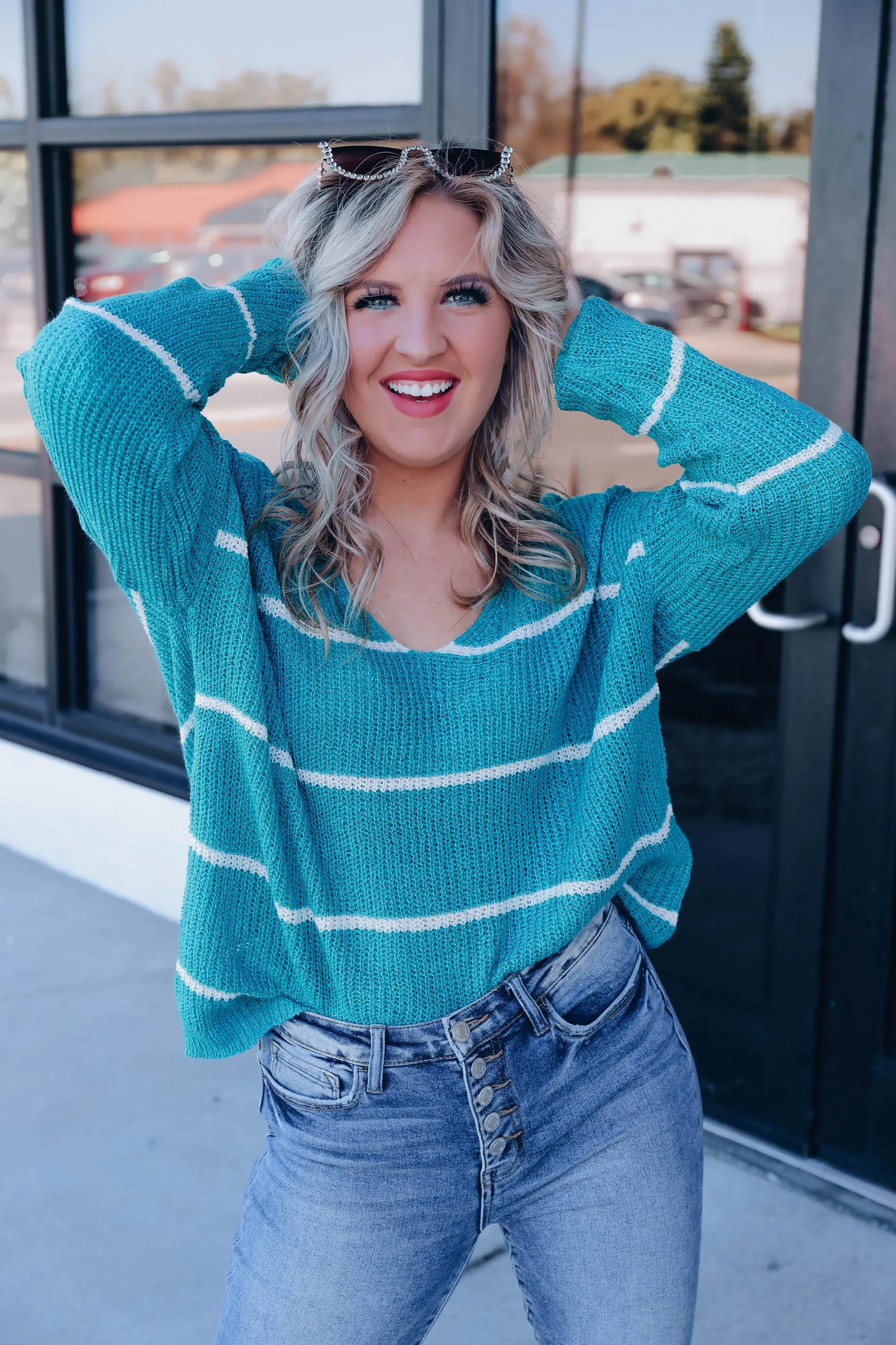 Liana Striped Knit Sweater - Teal