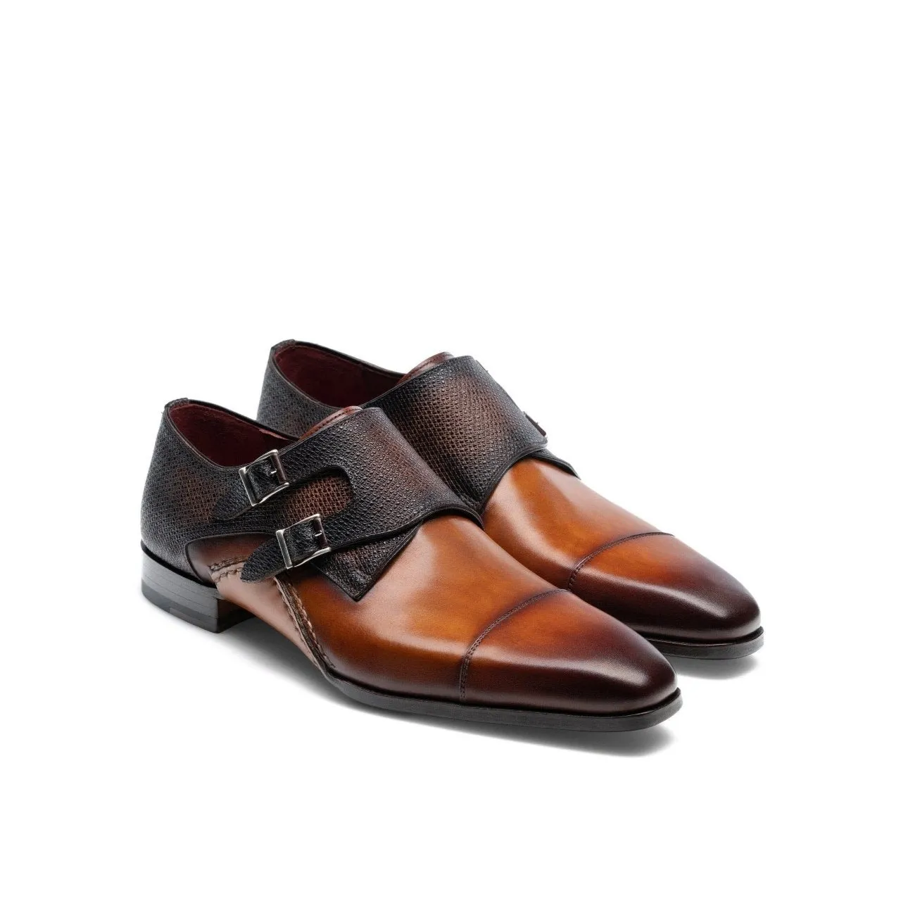 Magnanni 19616 Ondara II Men's Shoes Two-Tone Brown Lizard Print / Calf-Skin Leather Monk-Straps Loafers (MAGS1000)