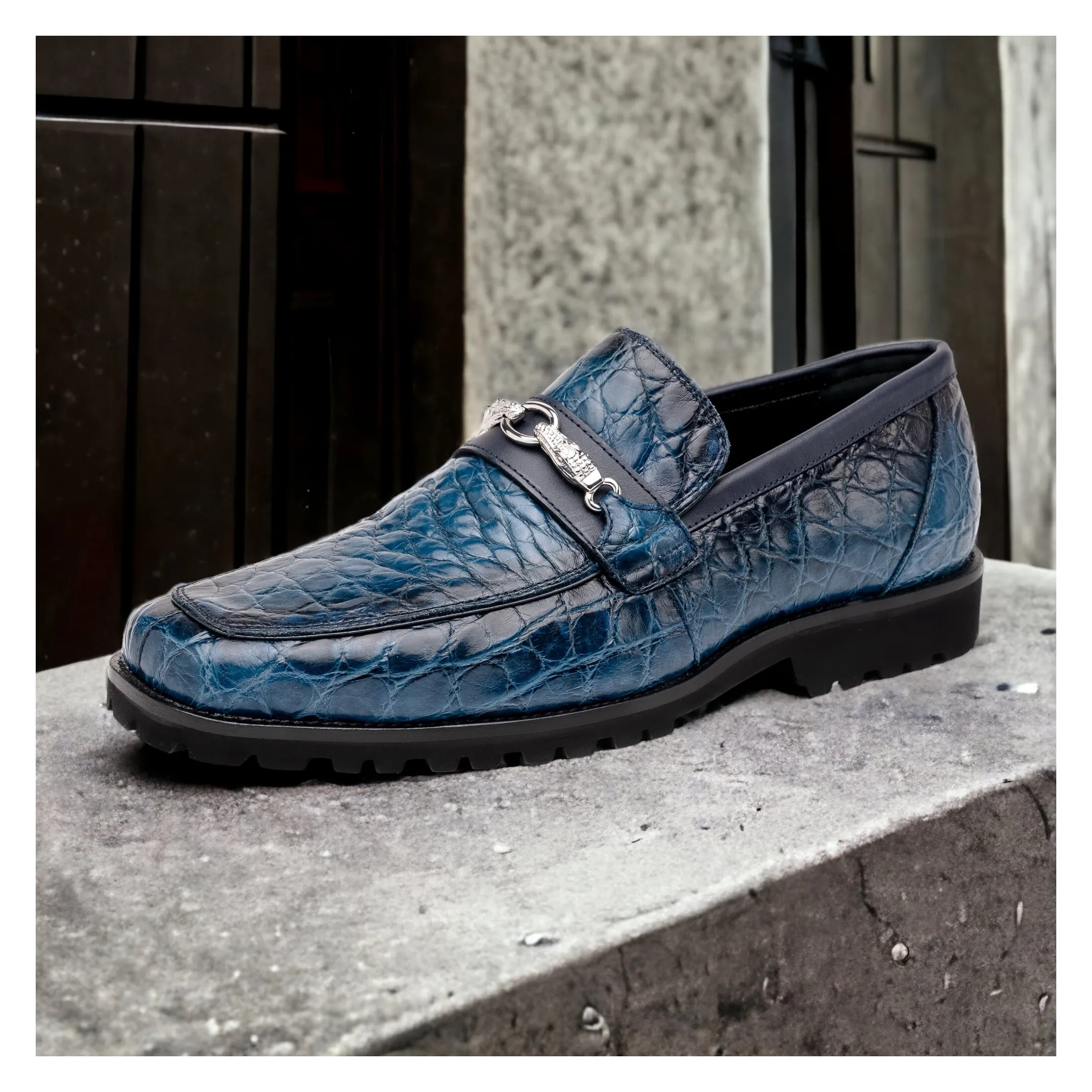 Mauri Debonair 4894-7 Men's Shoes Caribbean Blue with Wonder Blue Finished Exotic Alligator / Nappa Leather Horsebit Loafers (MA5557)