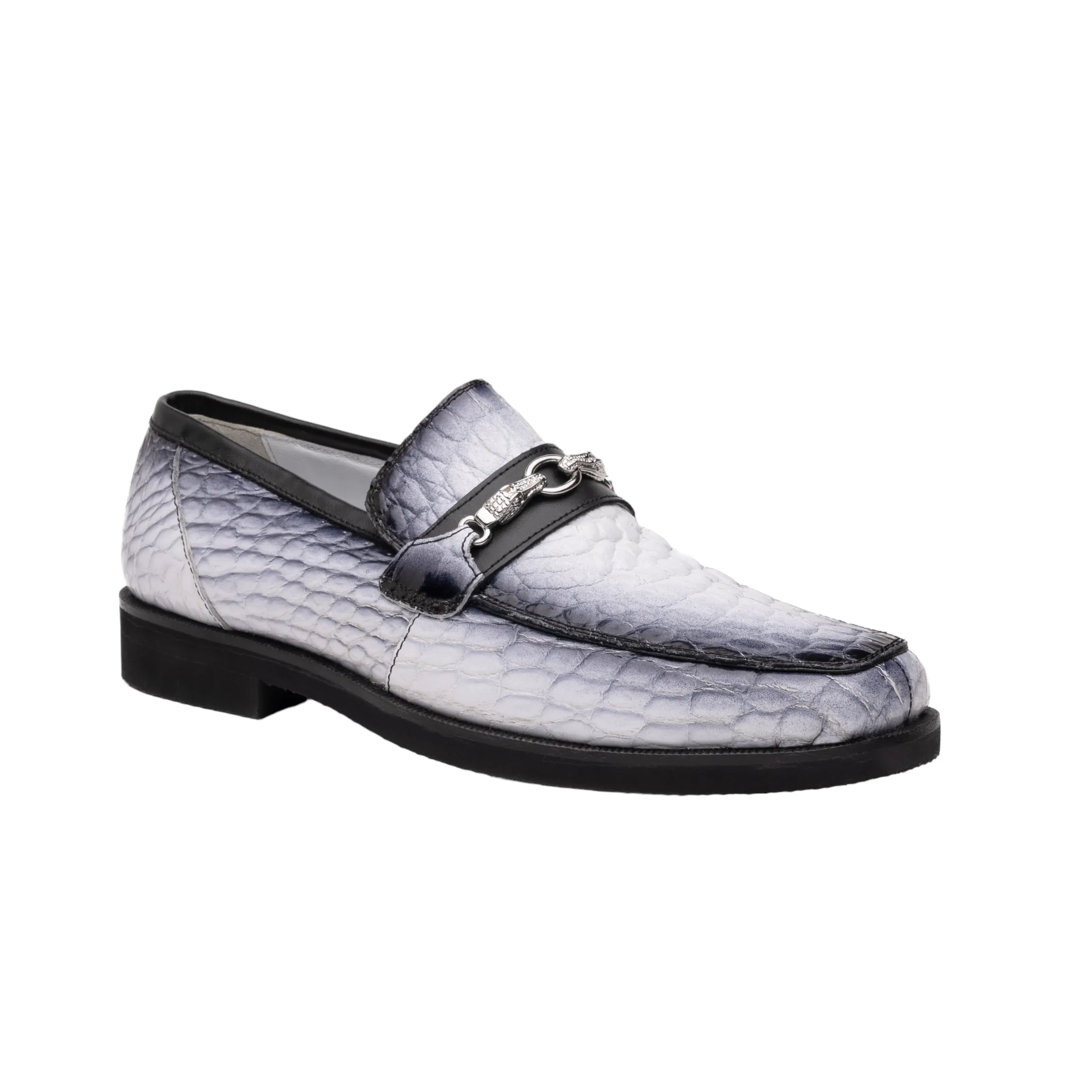 Mauri Debonair 4894-7 Men's Shoes Dirty White & Black Exotic Alligator Horsebit Loafers (MA5591)