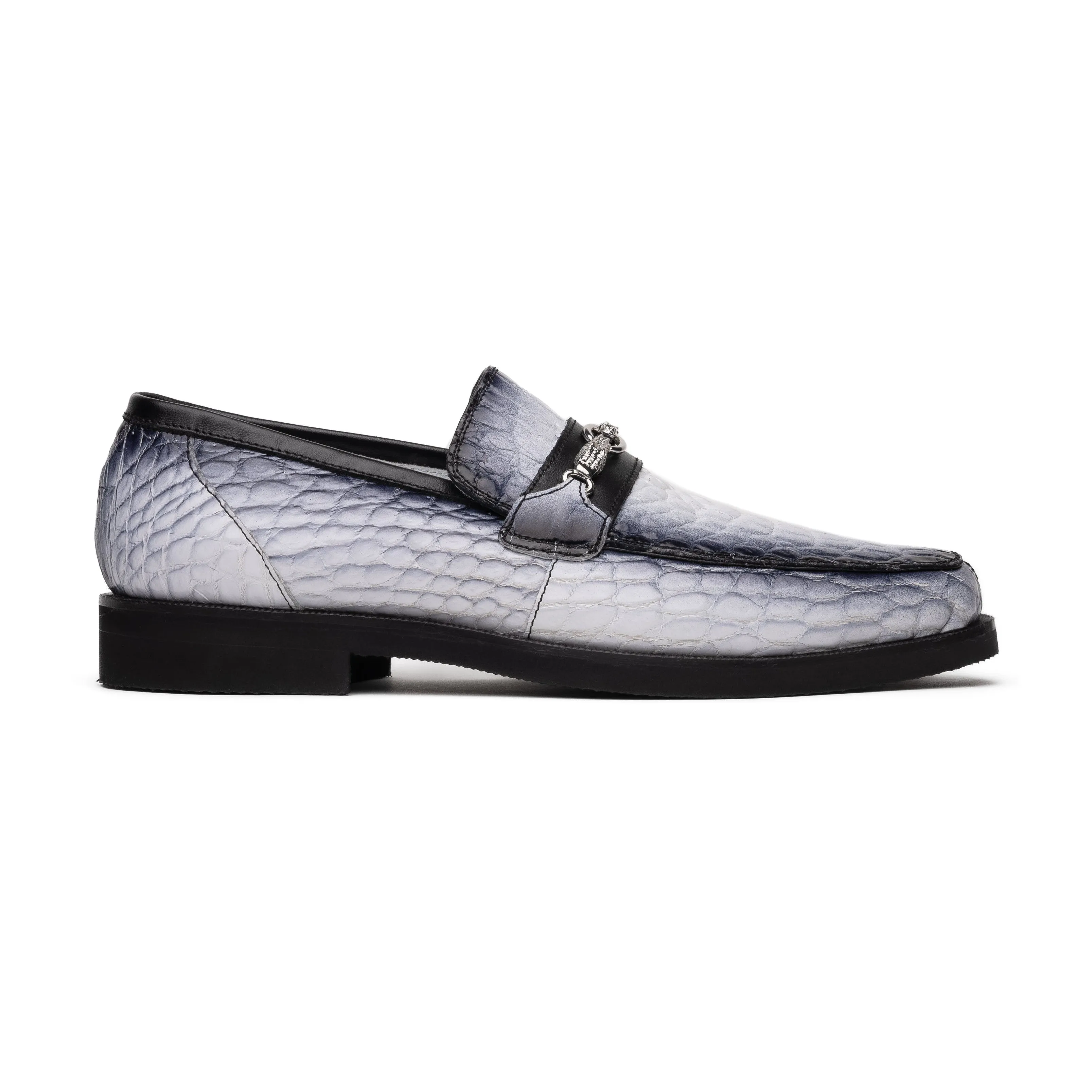 Mauri Debonair 4894-7 Men's Shoes Dirty White & Black Exotic Alligator Horsebit Loafers (MA5591)