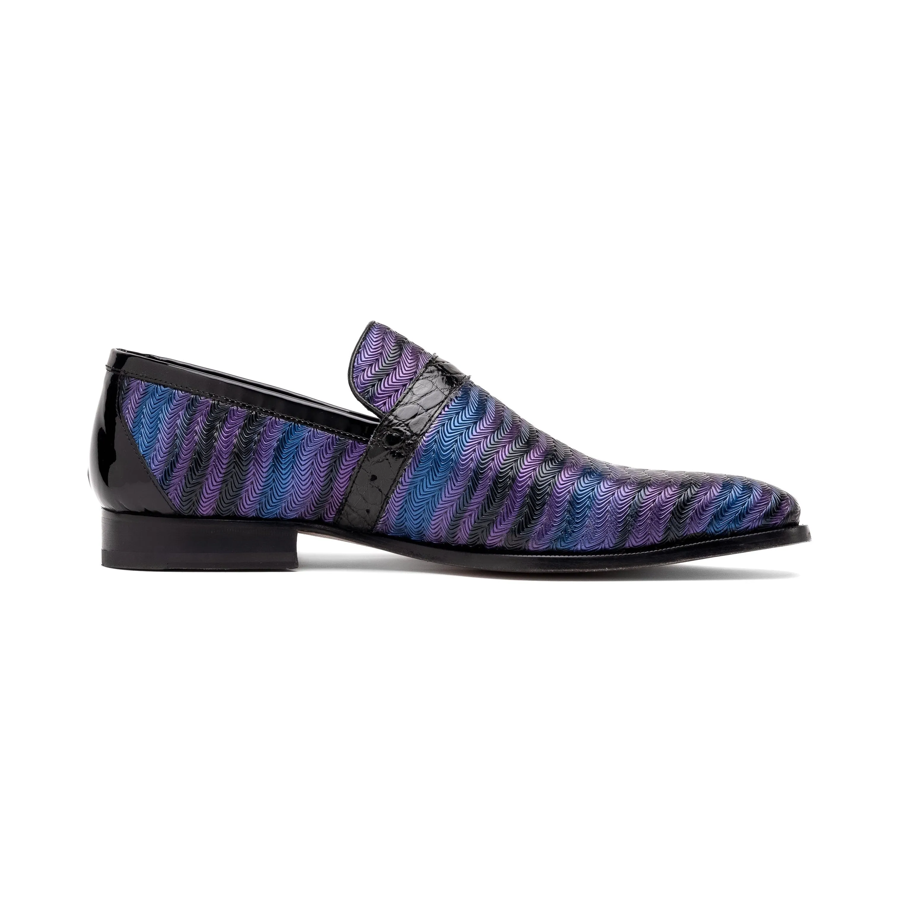 Mauri Elegante 4709-6 Men's Shoes Purple, Blue & Black Balera Fabric / Alligator / Patent Leather Slip-On Loafers (MA5567)