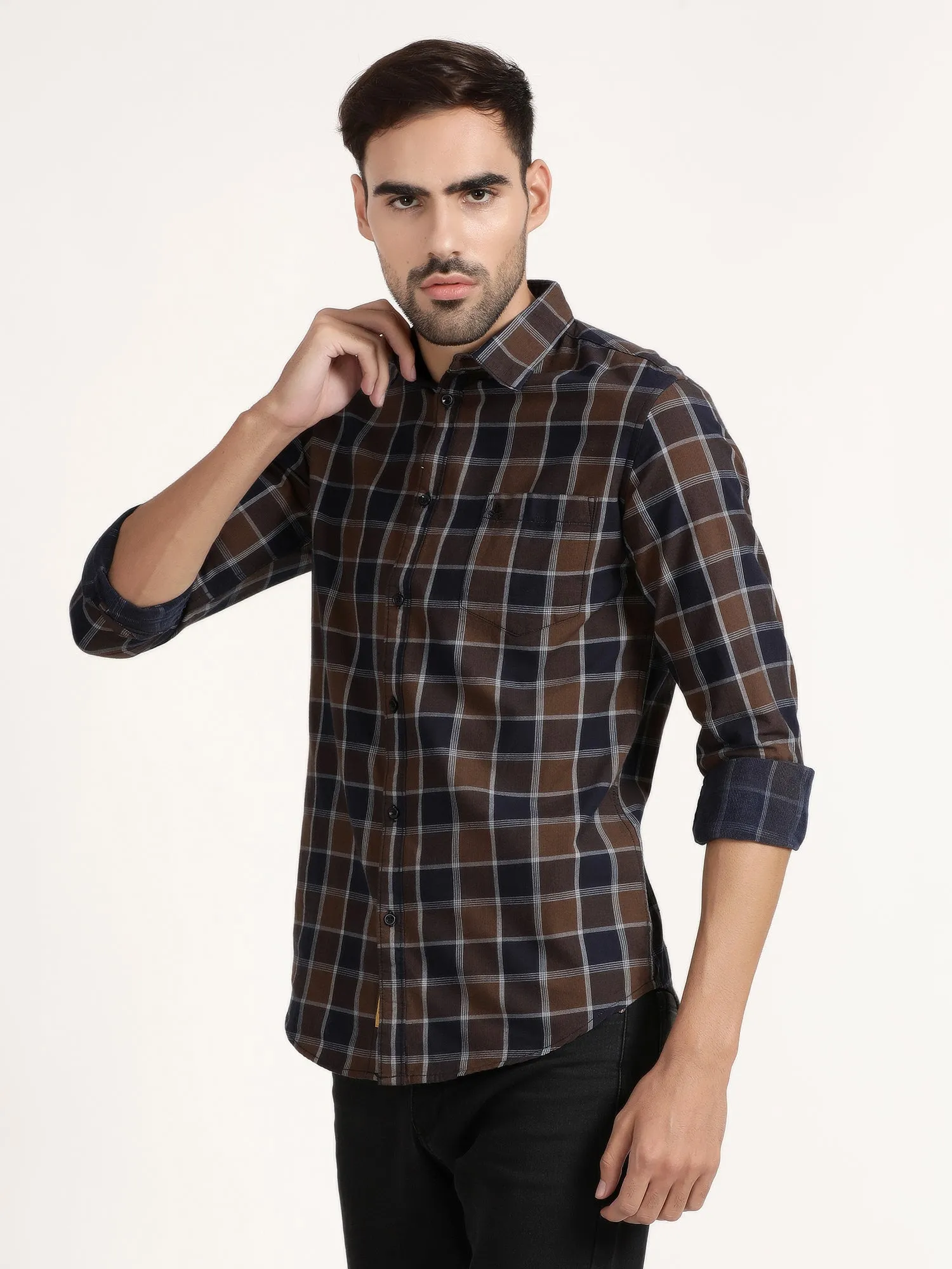 Men Brown and Black Checked  Formal Shirt (GBRJ6001)