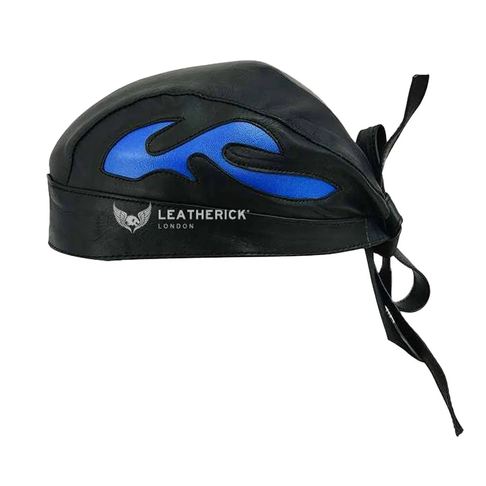 Motorbike Biker Leather Flame Style BANDANA Head Wrap Black Skull Cap - Blue Flames