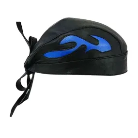 Motorbike Biker Leather Flame Style BANDANA Head Wrap Black Skull Cap - Blue Flames