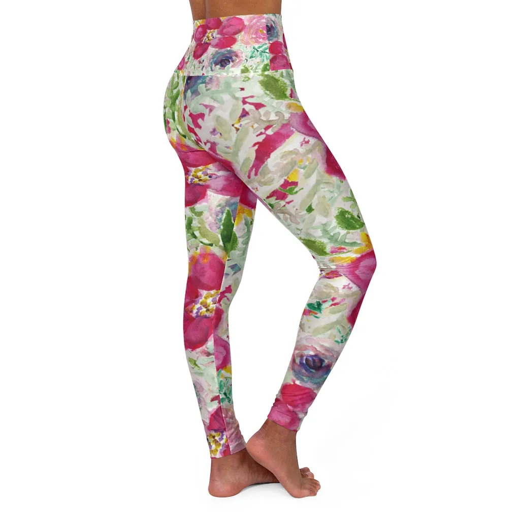 Pink Floral Yoga Pants, High Waisted Leggings, Patterned Long Women Yoga Tights-Made in USA