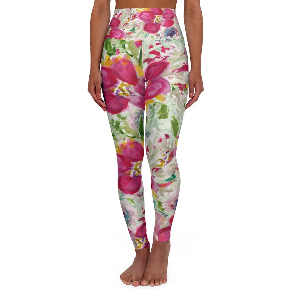 Pink Floral Yoga Pants, High Waisted Leggings, Patterned Long Women Yoga Tights-Made in USA