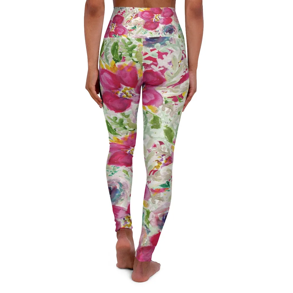 Pink Floral Yoga Pants, High Waisted Leggings, Patterned Long Women Yoga Tights-Made in USA